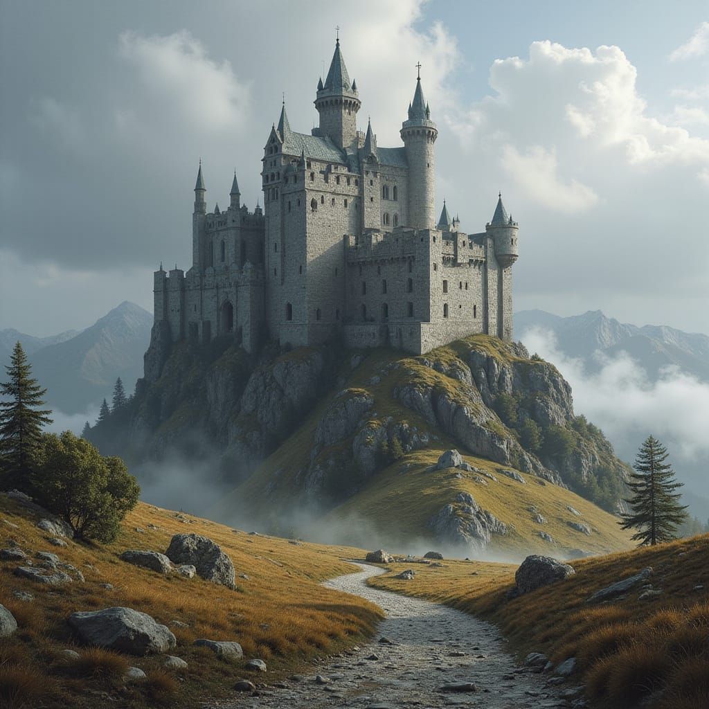 Hilltop Castle in Realism Style with Atmospheric Mist