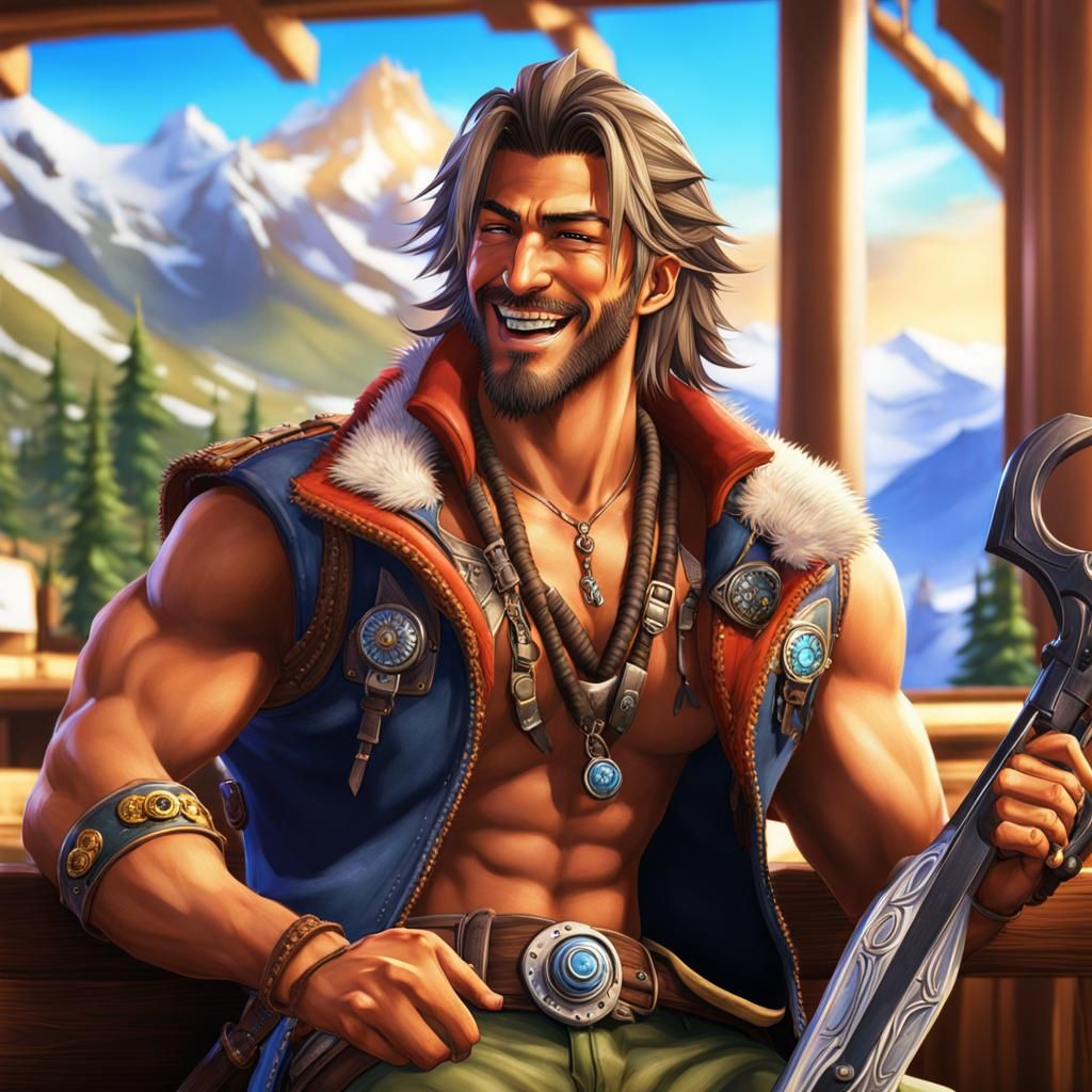 Jecht Laughing in Ski Lodge: Hyperrealistic Splash Art