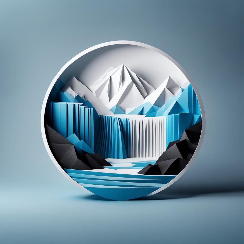 Monochrome Waterfall and Glacier with Origami Logo
