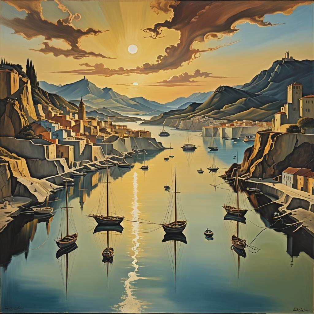 Harbor Sunrise in Surrealist Style