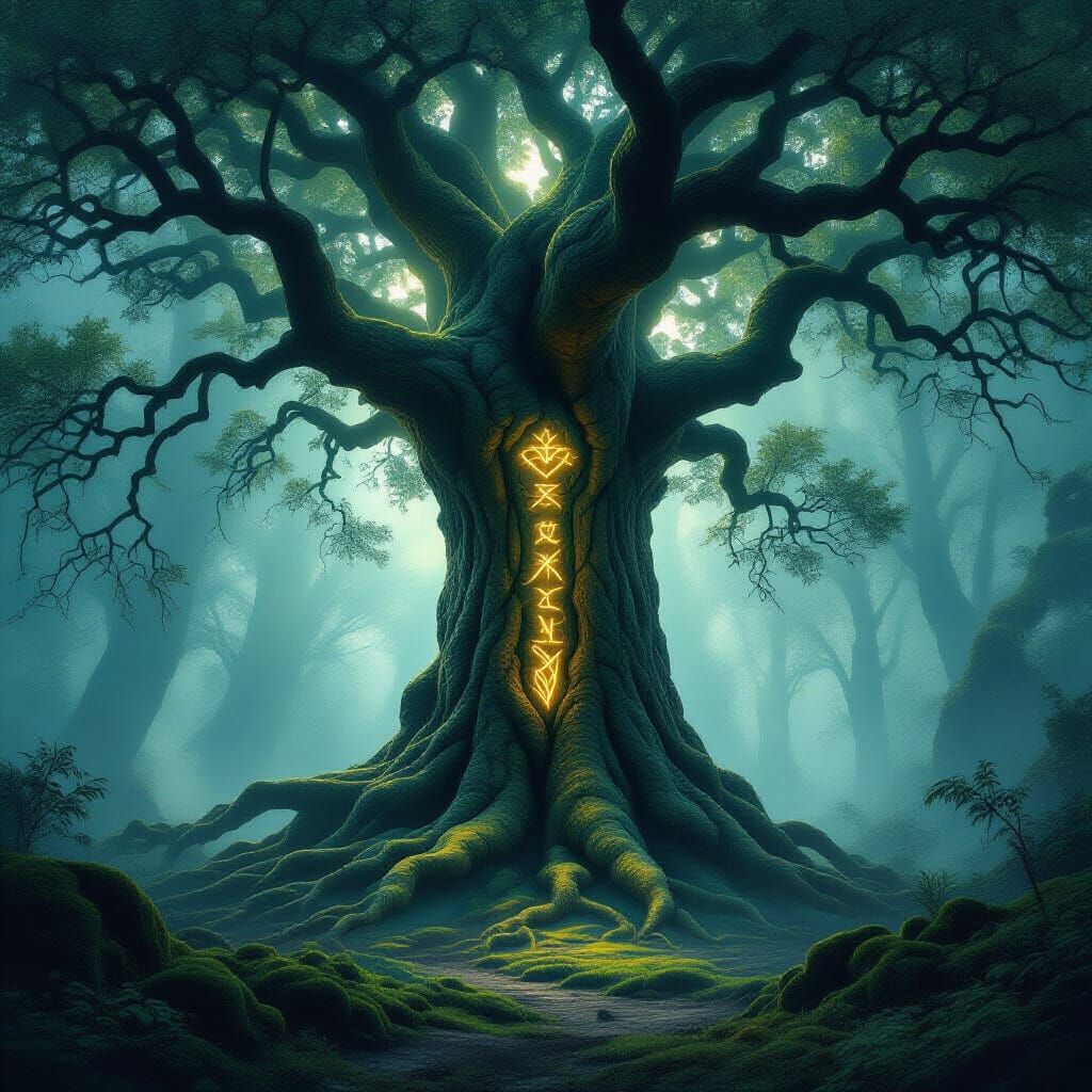 Majestic Ancient Tree With Glowing Runes in Misty Forest