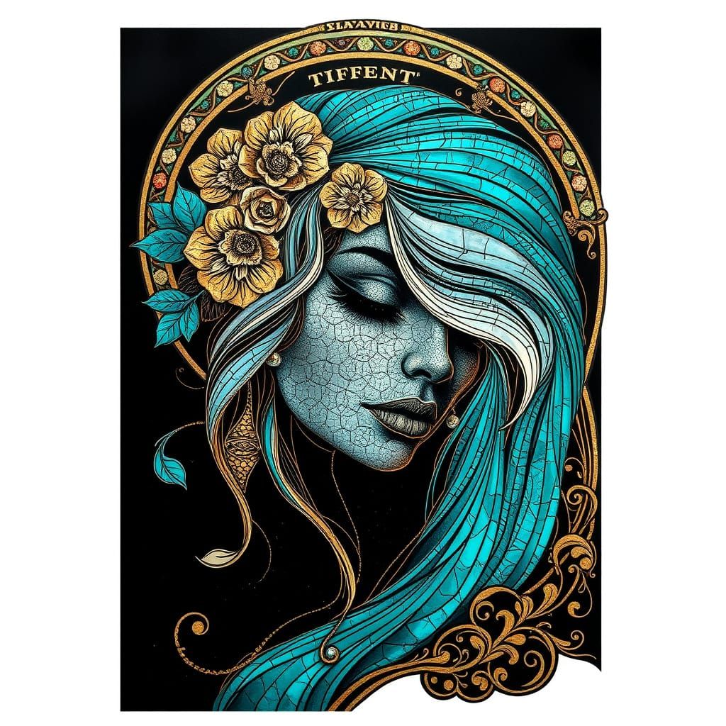 Art Nouveau Scratch Art Portrait in Gold and Turquoise