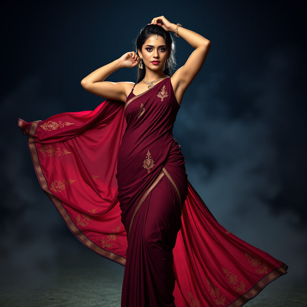 Empowered Woman in Wine-Hued Saree, Dramatic Lighting