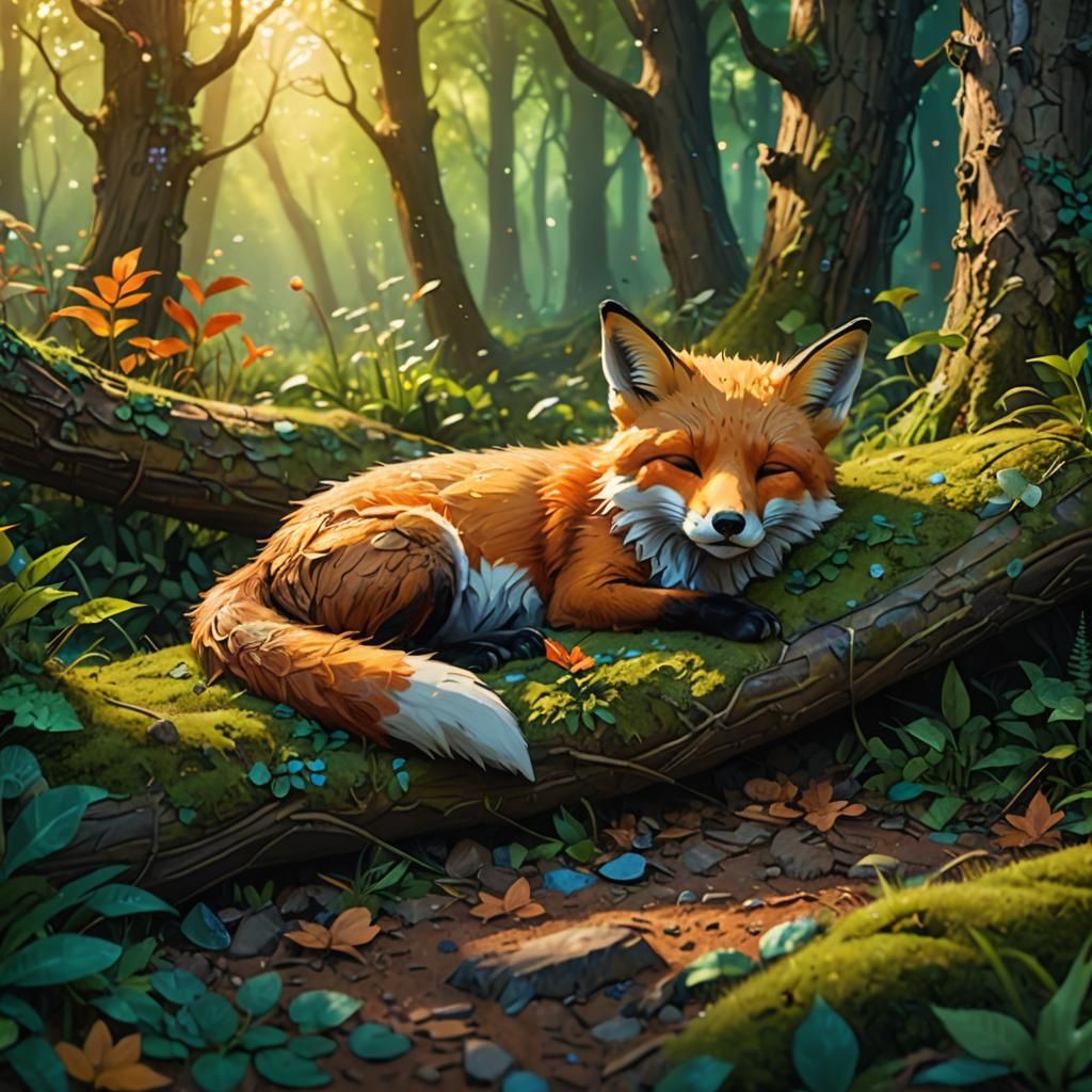 Sleeping Fox in Fantasy Forest Clearing