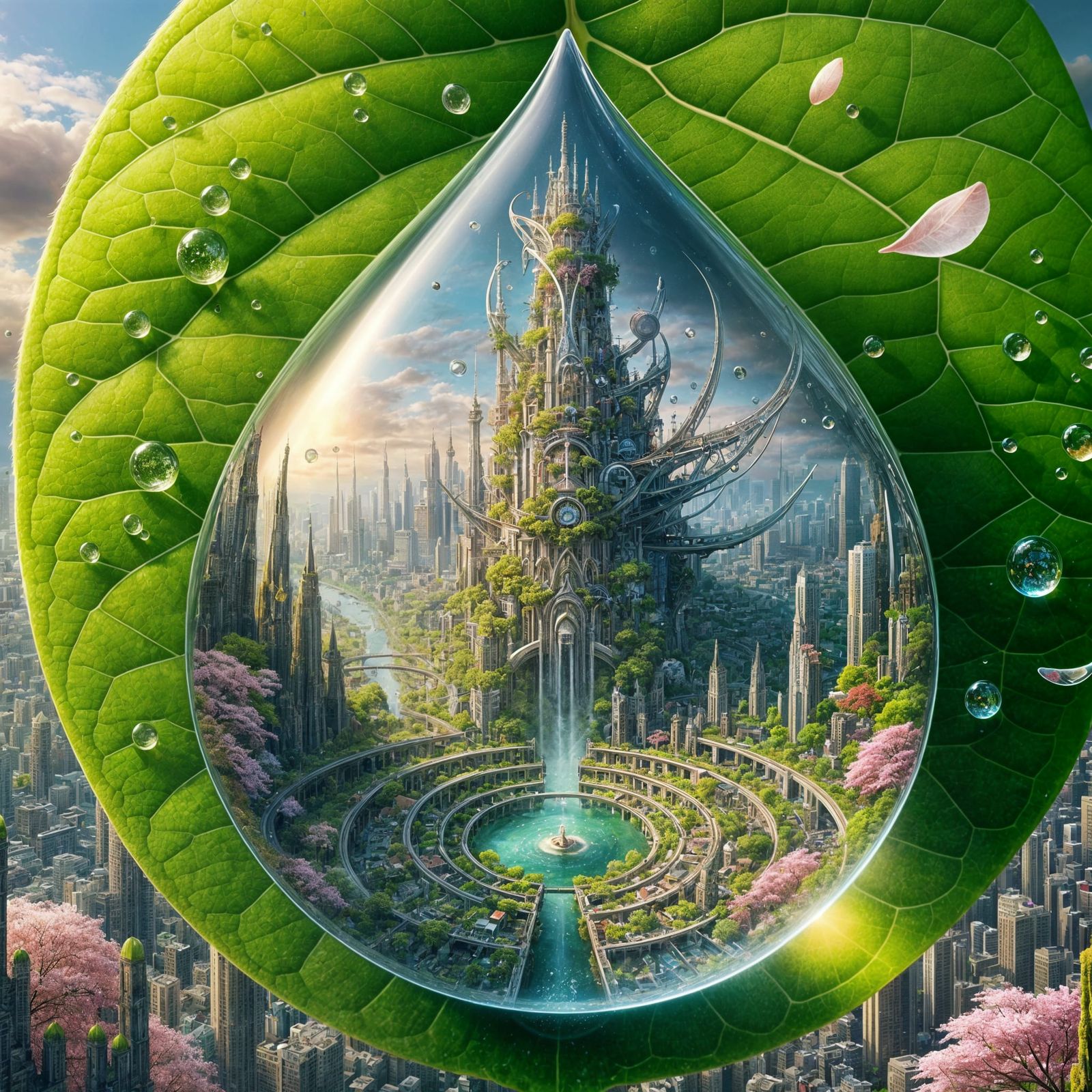 Fantasy City Reflected in Water Droplet