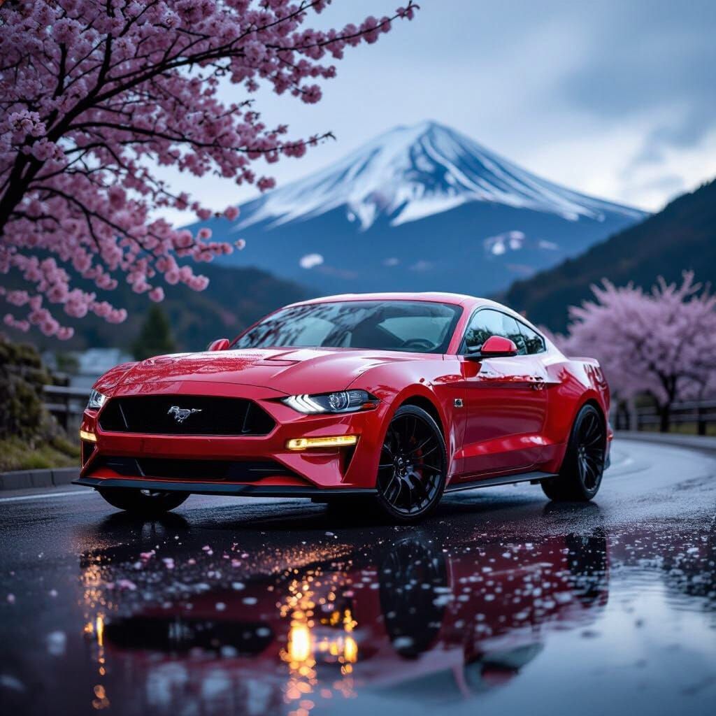 Ford Mustang GT on Wet Road with Mountain Backdrop