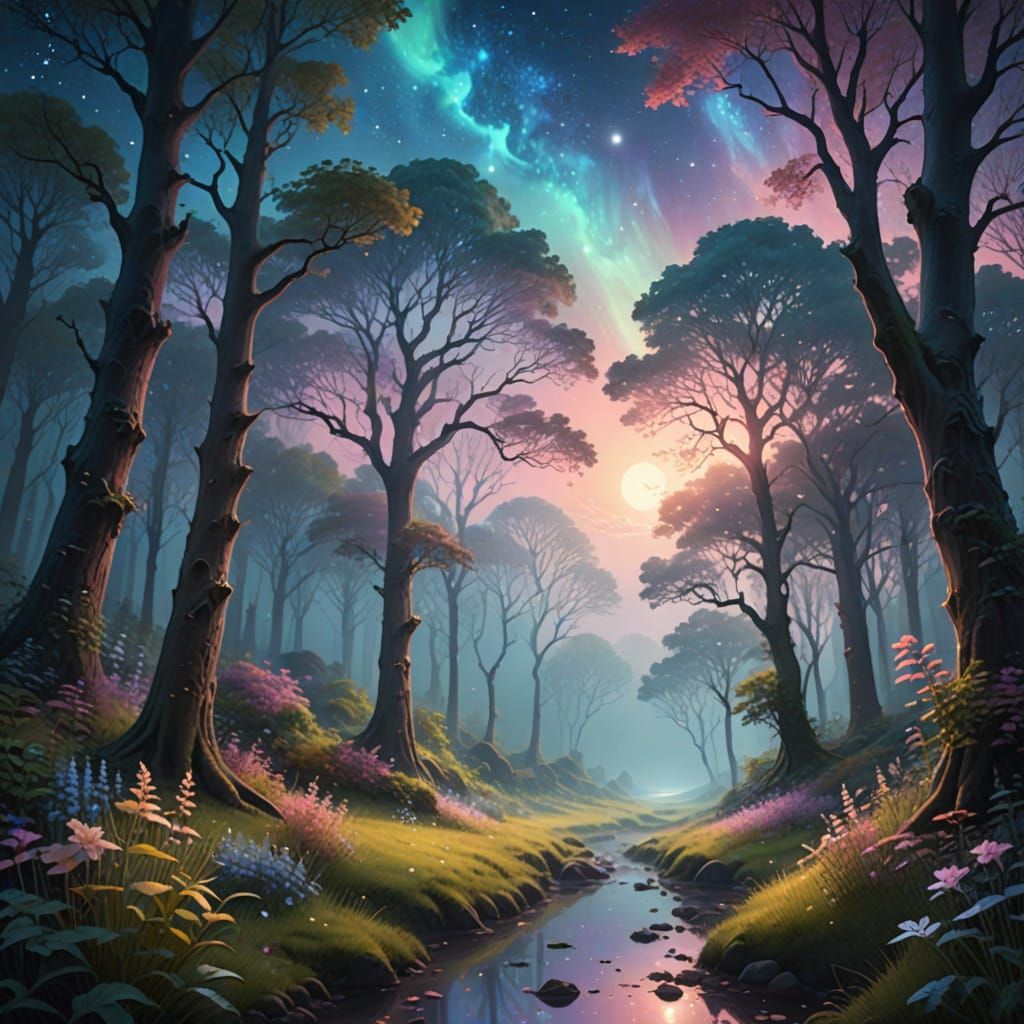 Whimsical Forest Glade Under Starry Skies