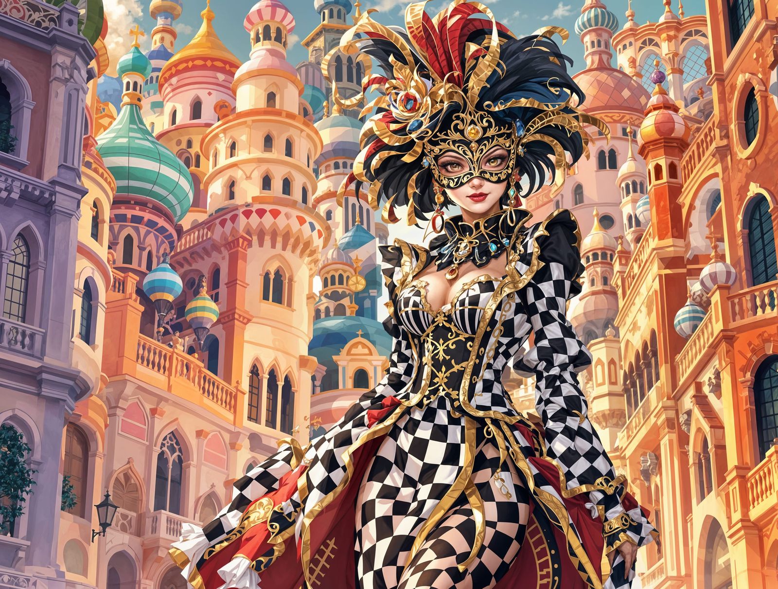 Extravagant Venetian Carnival Maiden in Anime-Inspired Art