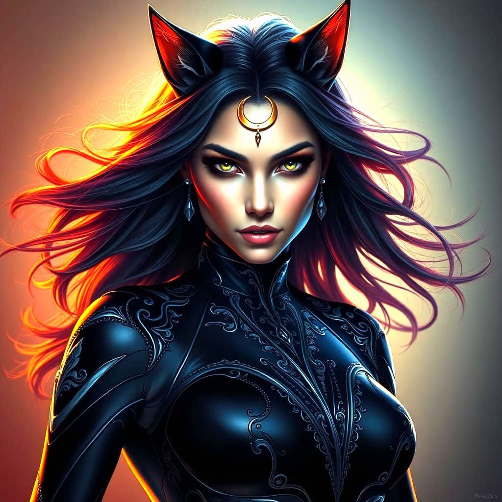 Detailed Cat Woman Portrait in Art Nouveau Style