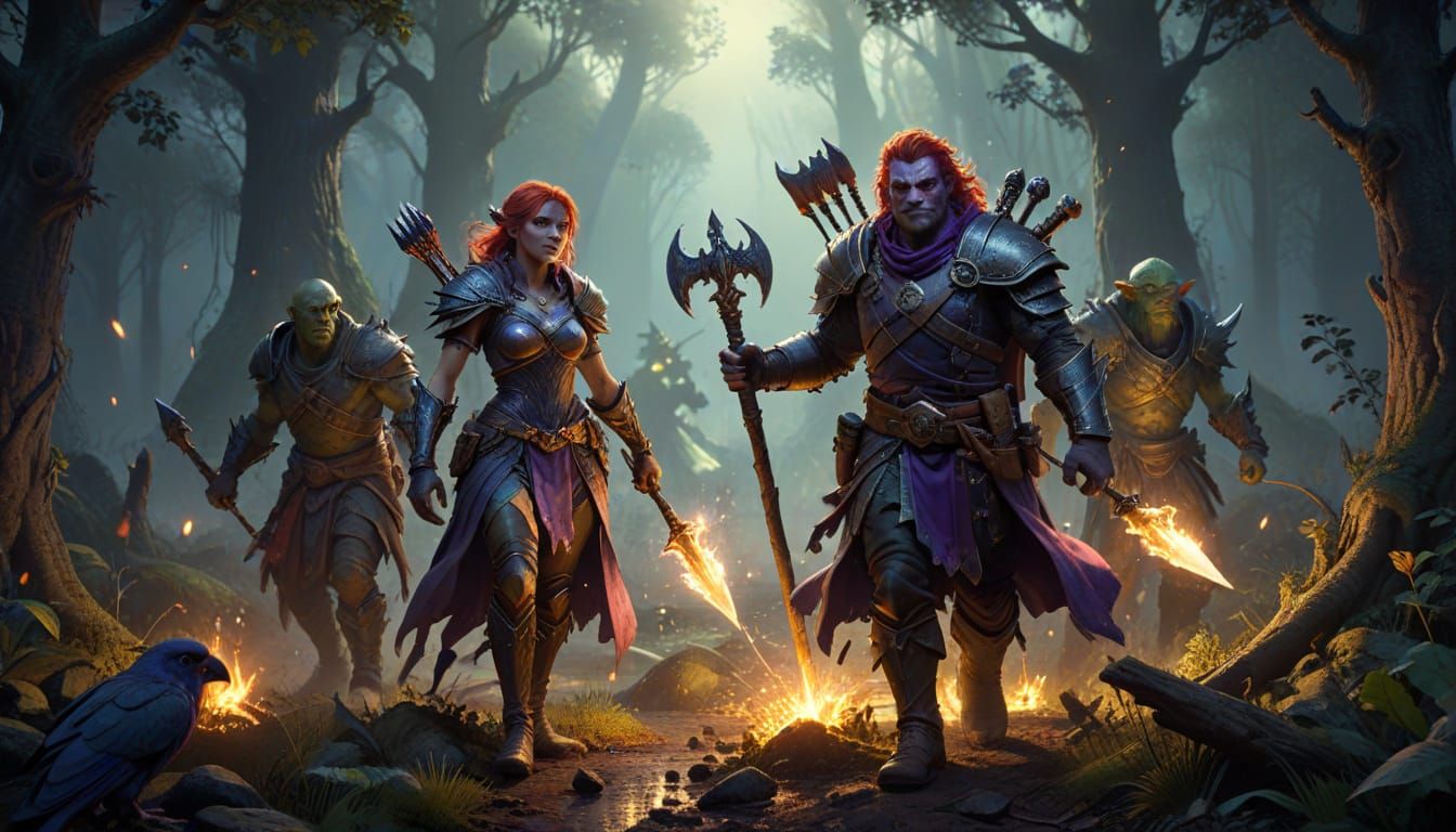 Dramatic Fantasy Art of Adventurers in Dark Forest