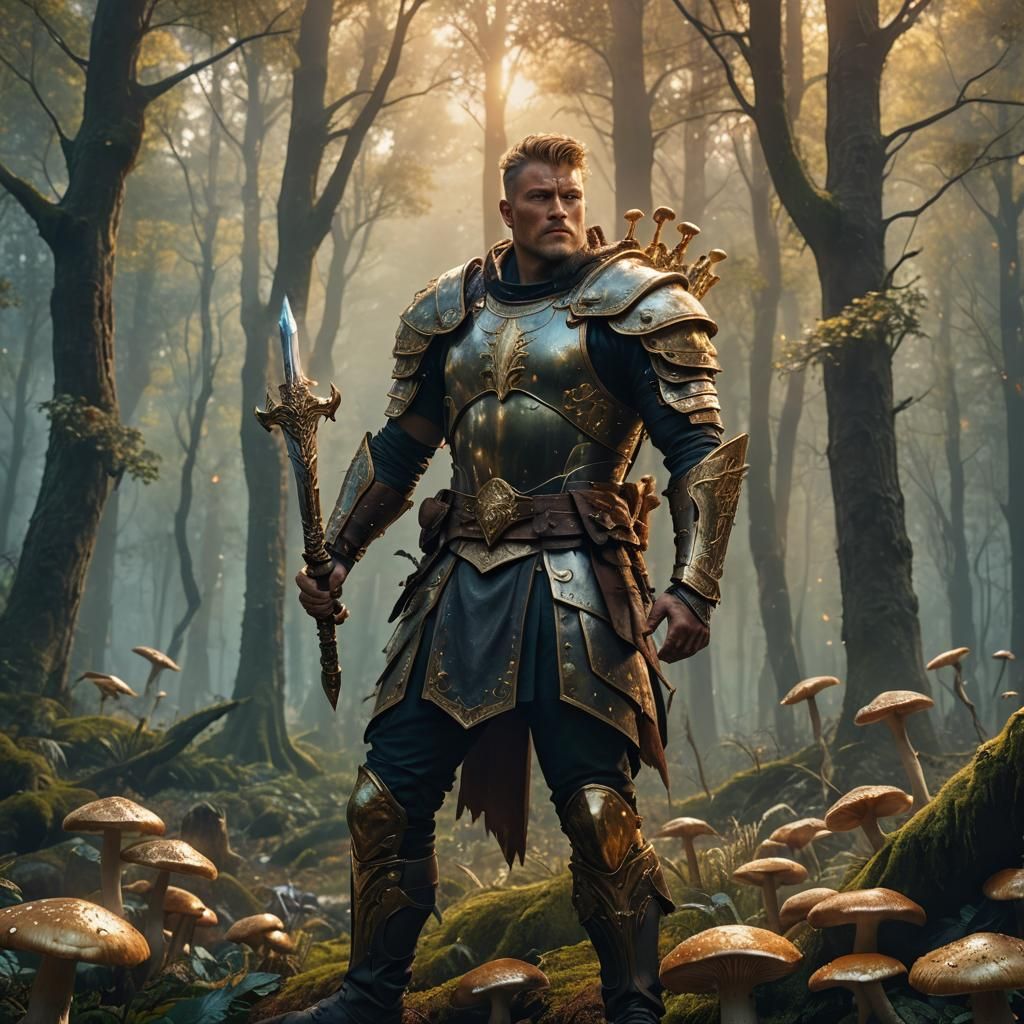 Warrior Triumphant in Mystical Glowing Forest