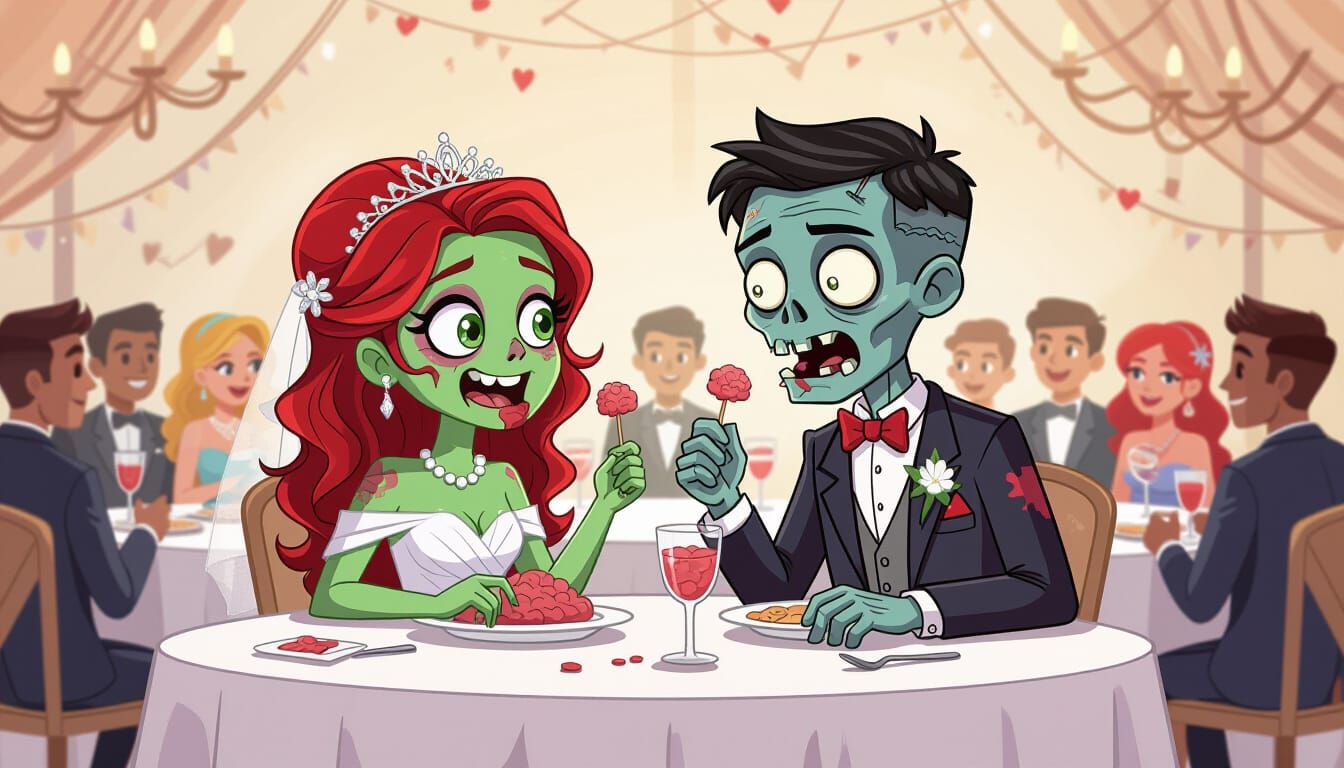 Adorable Zombie Couple at Prom Enjoying Brain Bites