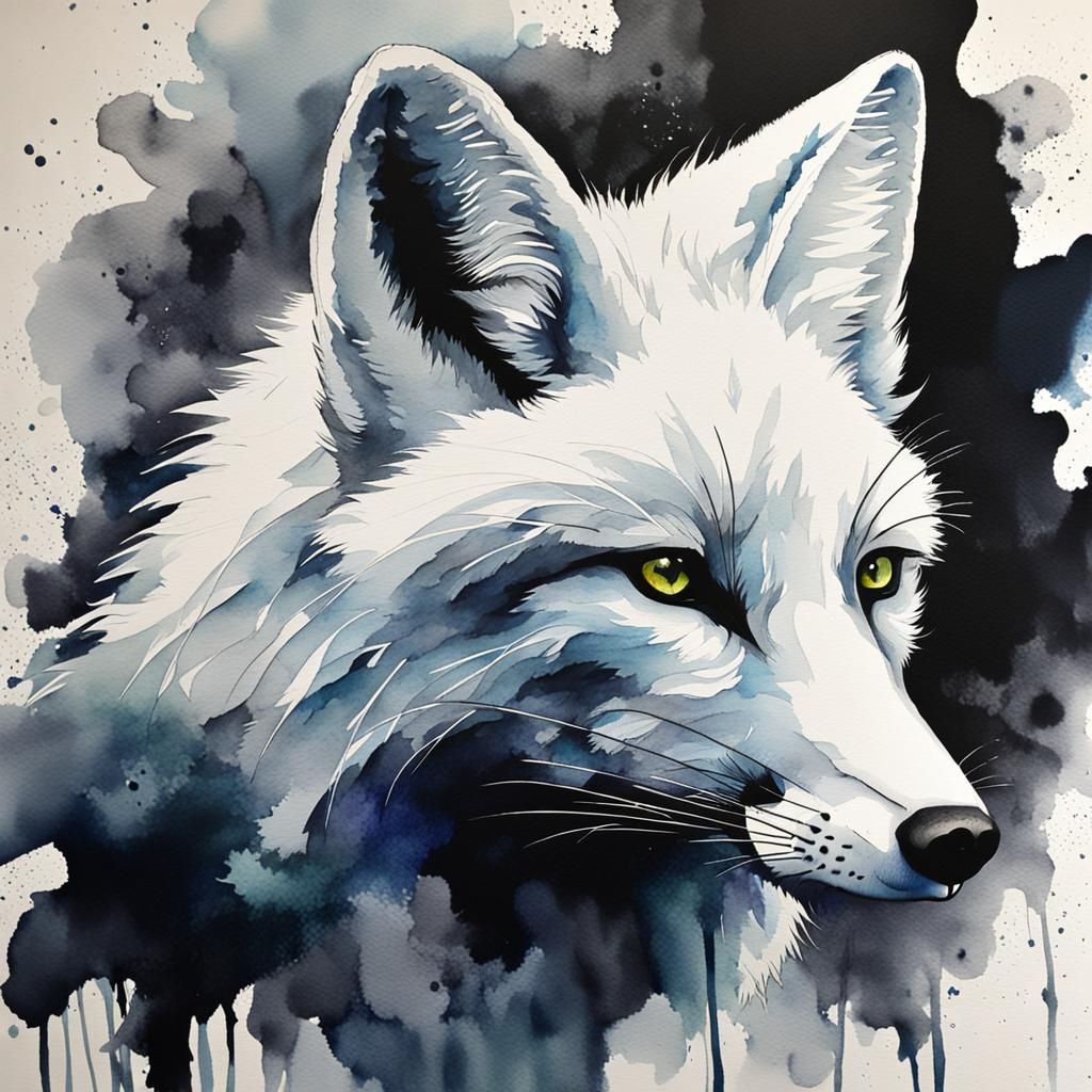 Moody Watercolor of a White Fox in Abstract Art