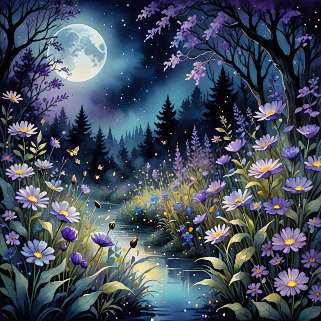 Enchanting Moonlit Garden in Watercolor Style