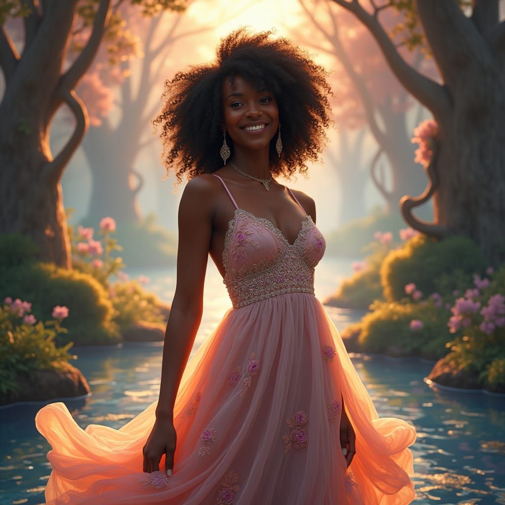 Mystical Black Woman in Sundress, Hyper-Realistic 8K Art