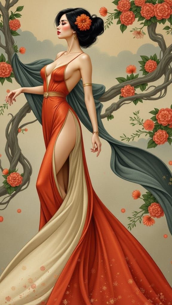 Ethereal Pin-Up in Art Deco Style with a Touch of Whimsy