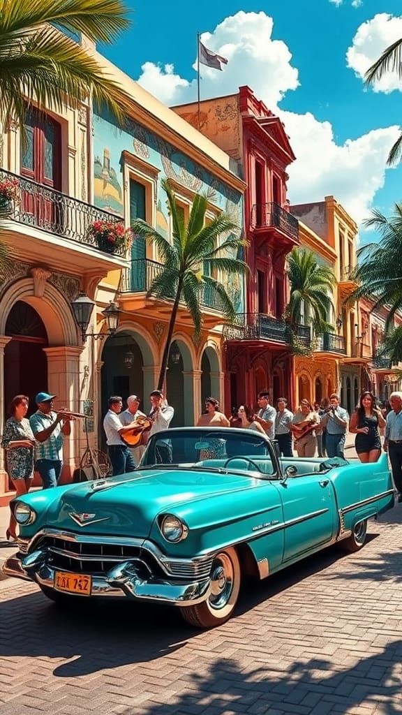 Teal Cadillac in Cuba, Hyperrealistic Impressionist Art