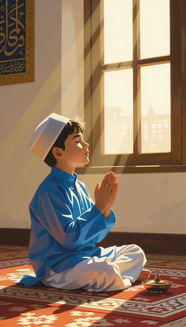 Young Muslim Boy Praying with Sincerity