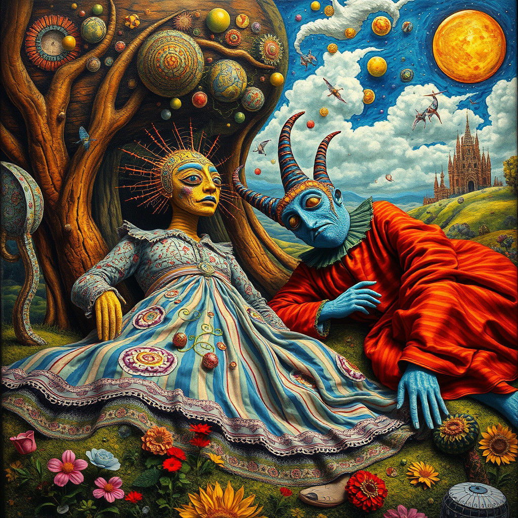 Cosmic Characters Dream in Surreal Landscape