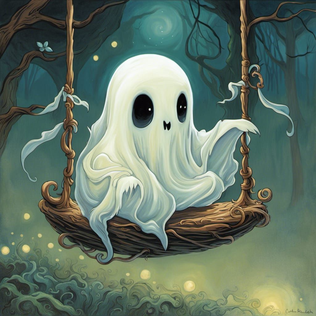 Cute Ghost on Swing in Mysterious Art Style