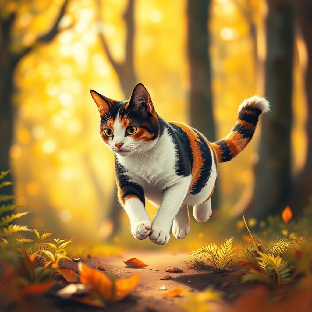 Whimsical Calico Cat in Dreamlike Forest