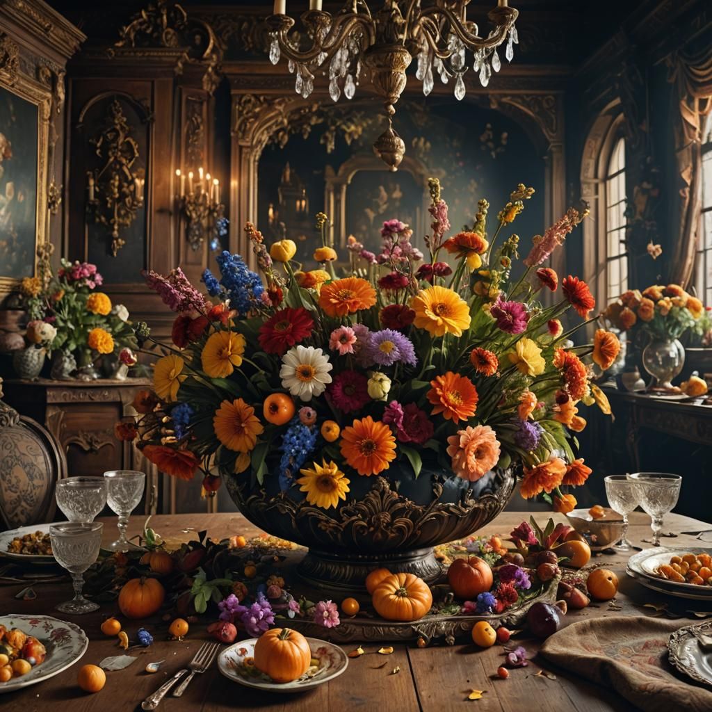 Harvest Flowers in Victorian Dining Room