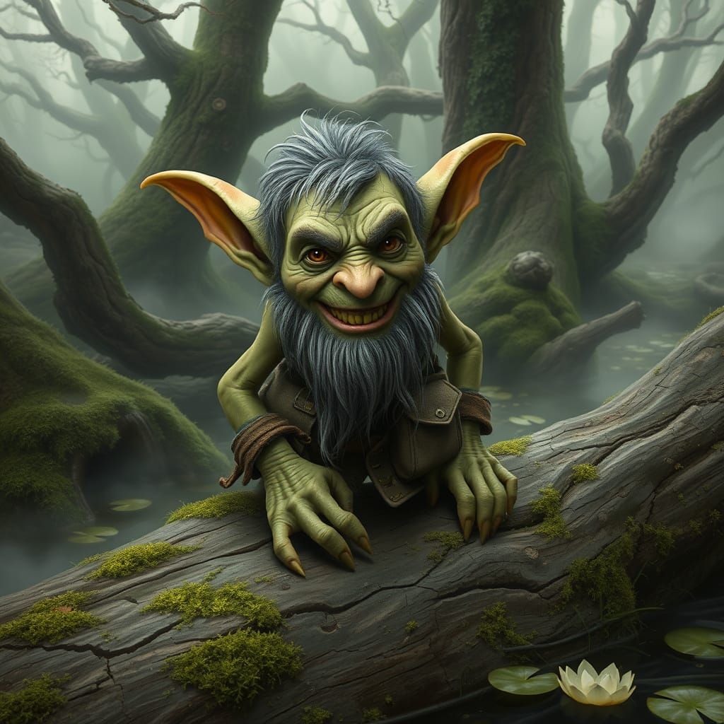 Ancient Swamp Goblin on Weathered Log