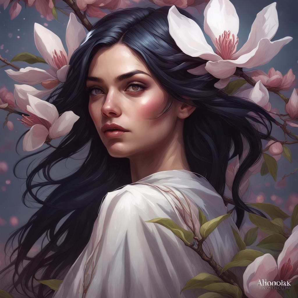 Raven-Haired Girl with Magnolias: Hyperdetailed Portrait