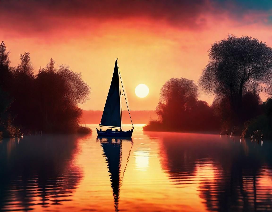 Sailboat Silhouette at Sunrise: Dramatic Digital Painting