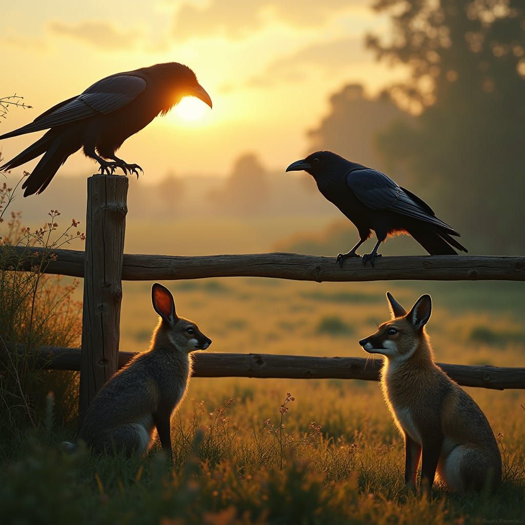 Surreal Midday Scene with Ravens, Hare, and Fox in Warm Gold...