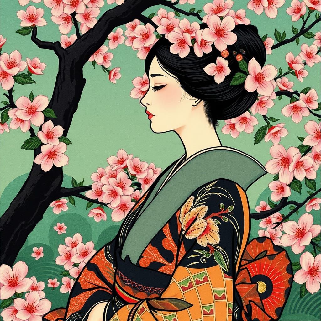 Serene Japanese Woman in Vibrant Cherry Blossom Garden, in U...