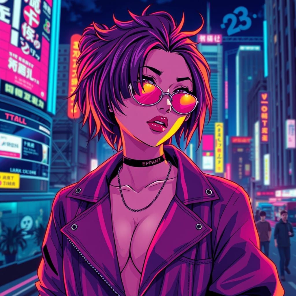Anime-Inspired Model in Neon-Lit Cityscape