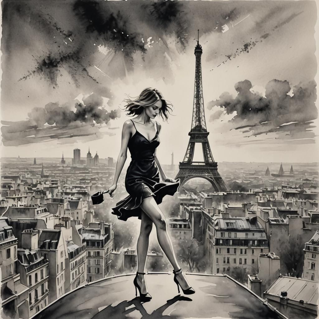 Parisian Woman Dances Atop Eiffel Tower: Watercolor