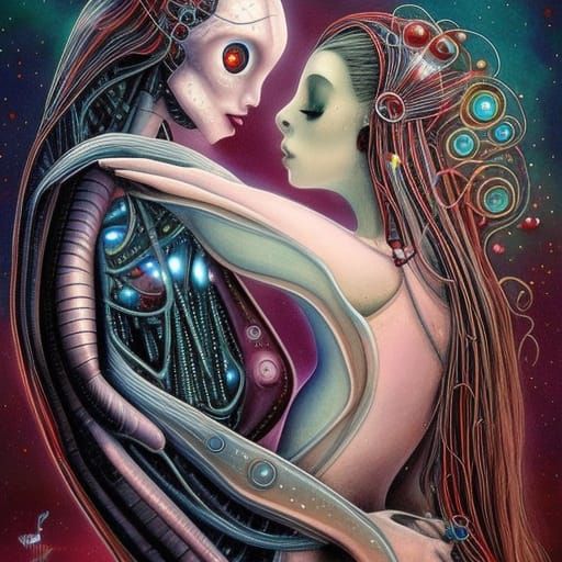 Romantic AI Robots Embrace: Gothic Watercolor Art