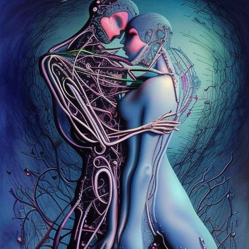 Romantic AI Robots Embrace in Gothic Watercolor Style