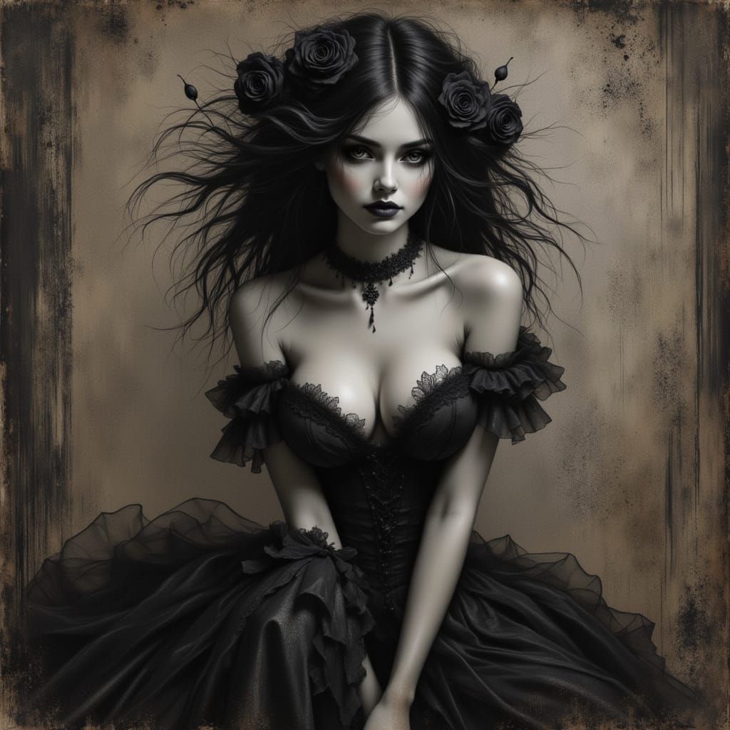 Gothic Woman with Roses in Ash Thorp Style