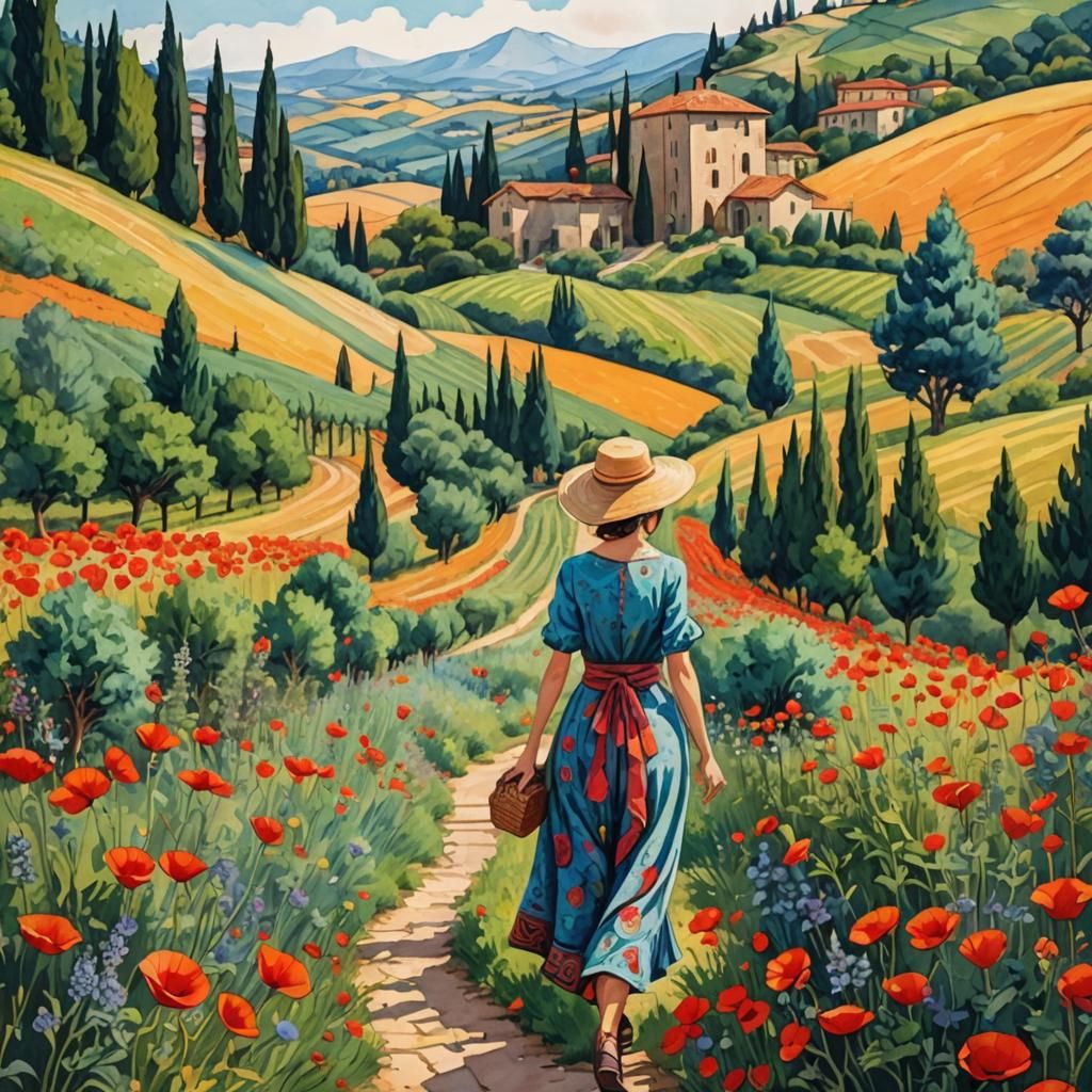 Tuscan Vineyard with Poppies, in Watercolor Batik Style