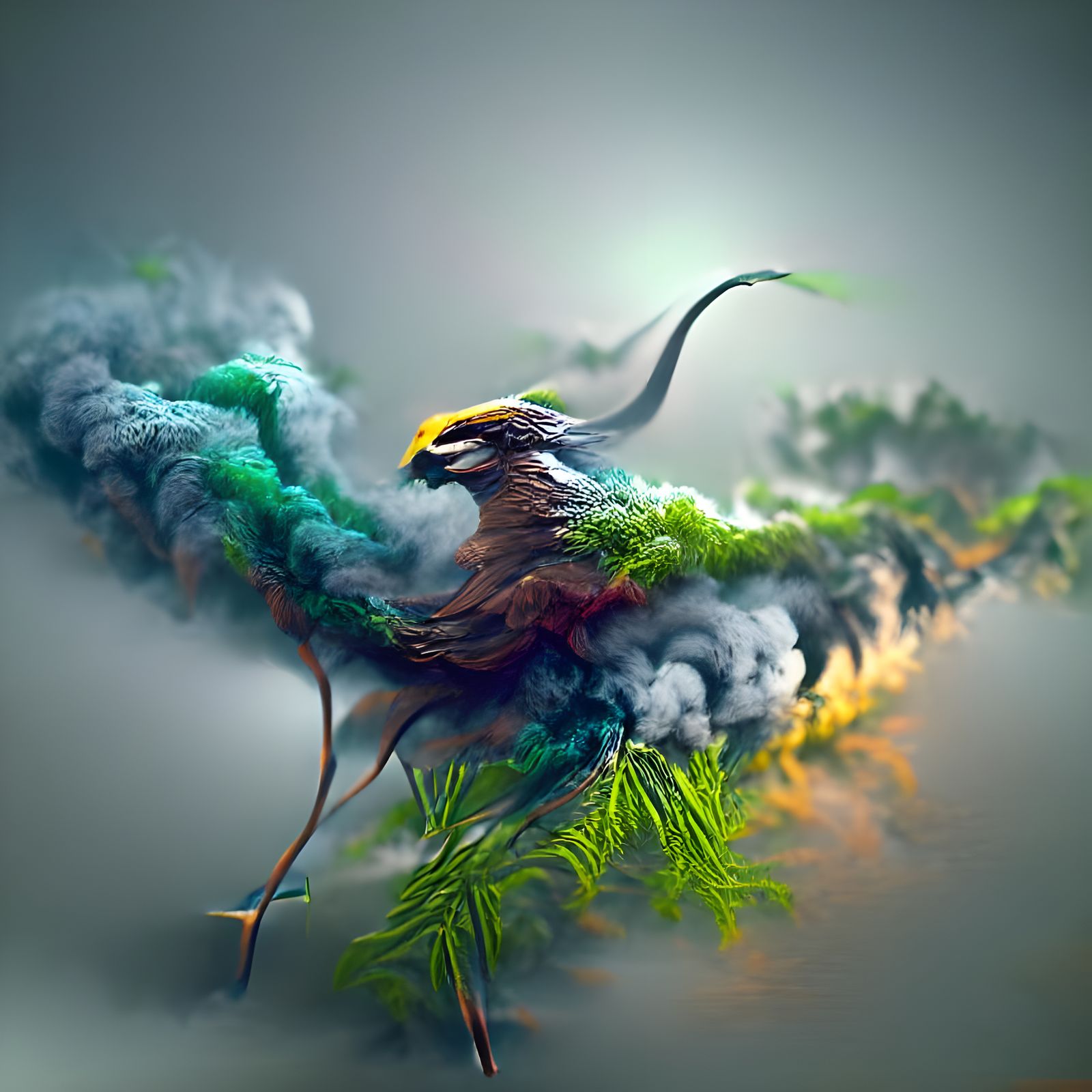 bird made from ferns and pine needles and leaves
