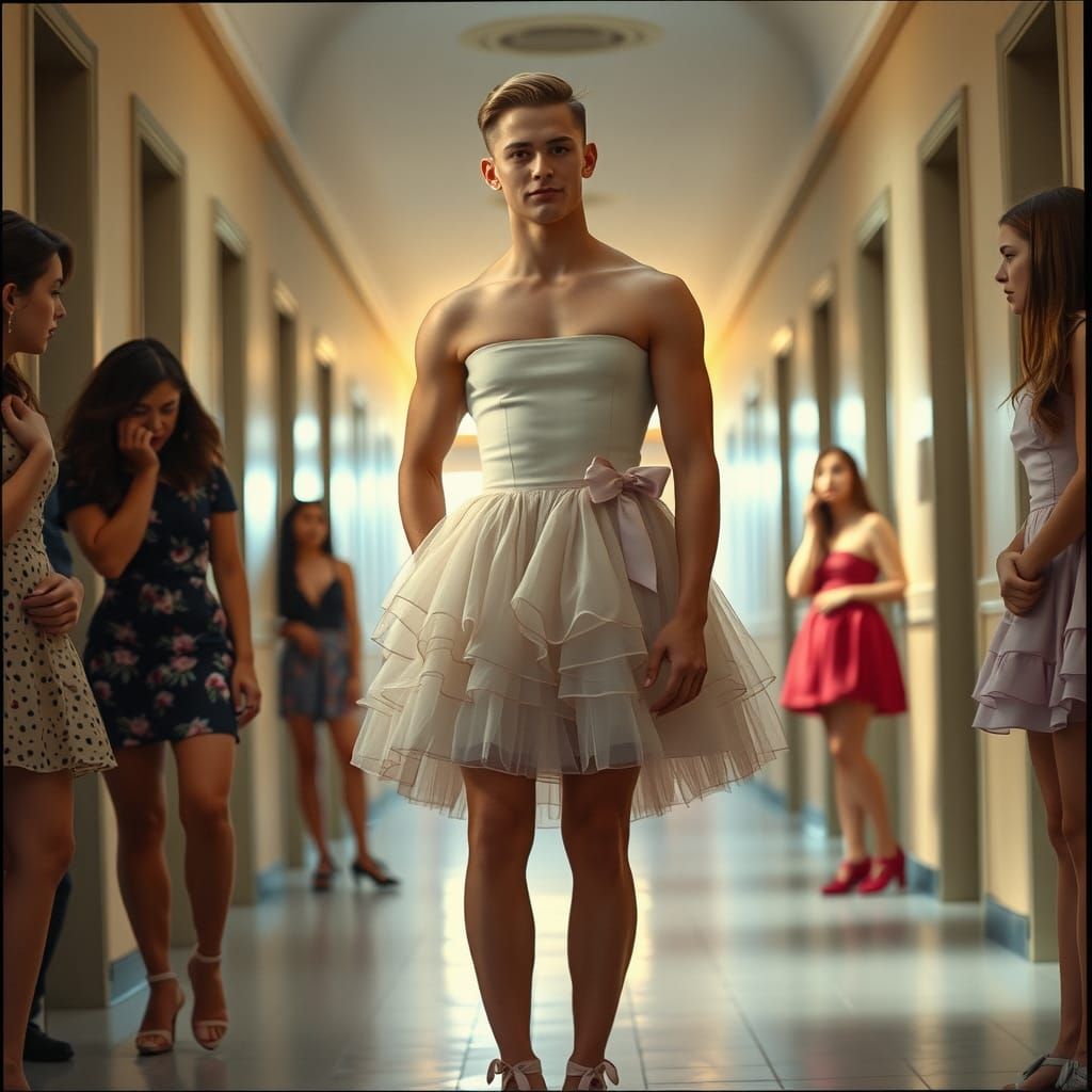 Crossdressing Boy in College Hallway, Cinematic Film Still