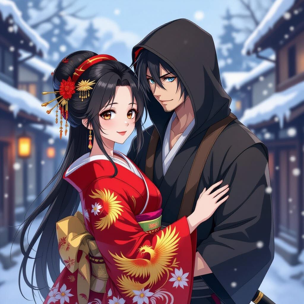 Geisha and Ninja Embrace in Snowy Town