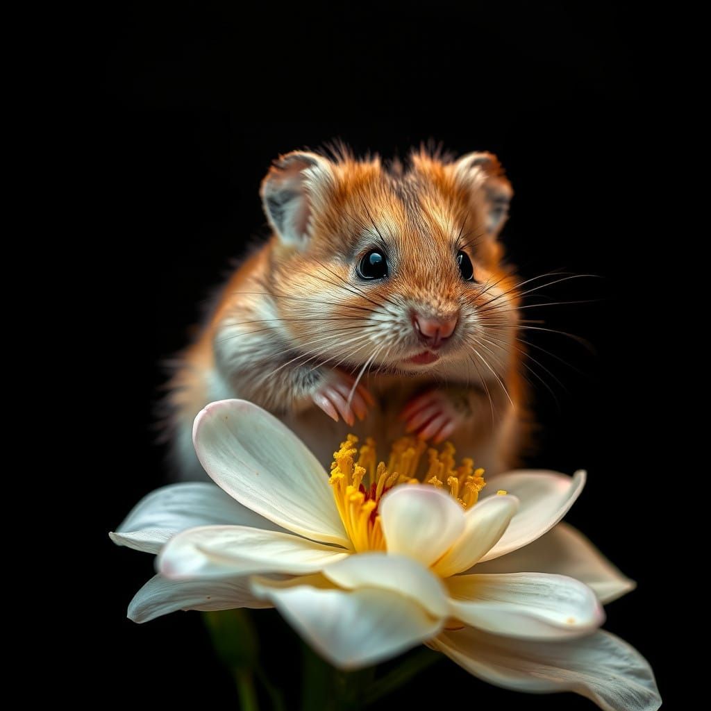 Child Cherishes Hamster Among Blooms on a Dark Background