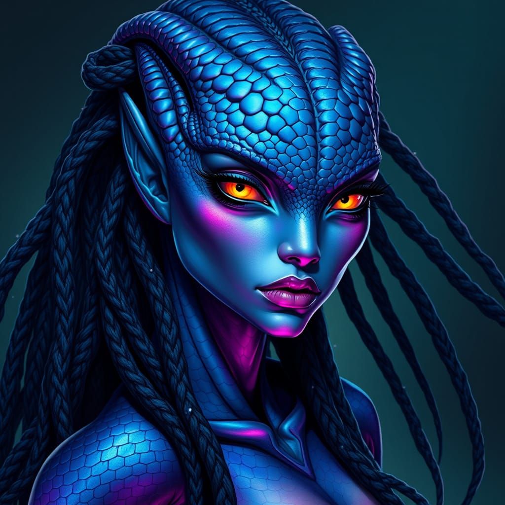 Surreal Reptilian Warrior in Shimmering Blue and Violet