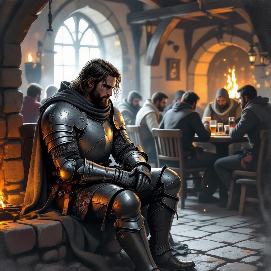 Knight's Solitude in a Lively Medieval Tavern