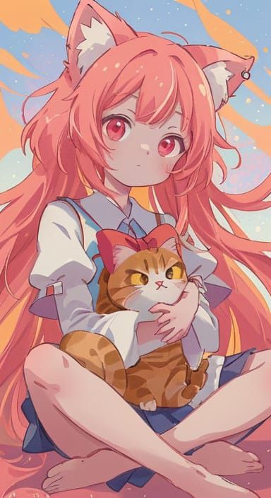 Anime Girl Embodies Serene Elegance with Pink Hair and Felin...