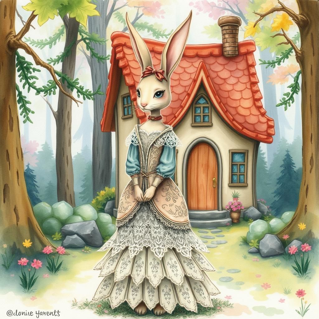 Victorian Rabbit Creature in Whimsical Forest Scene