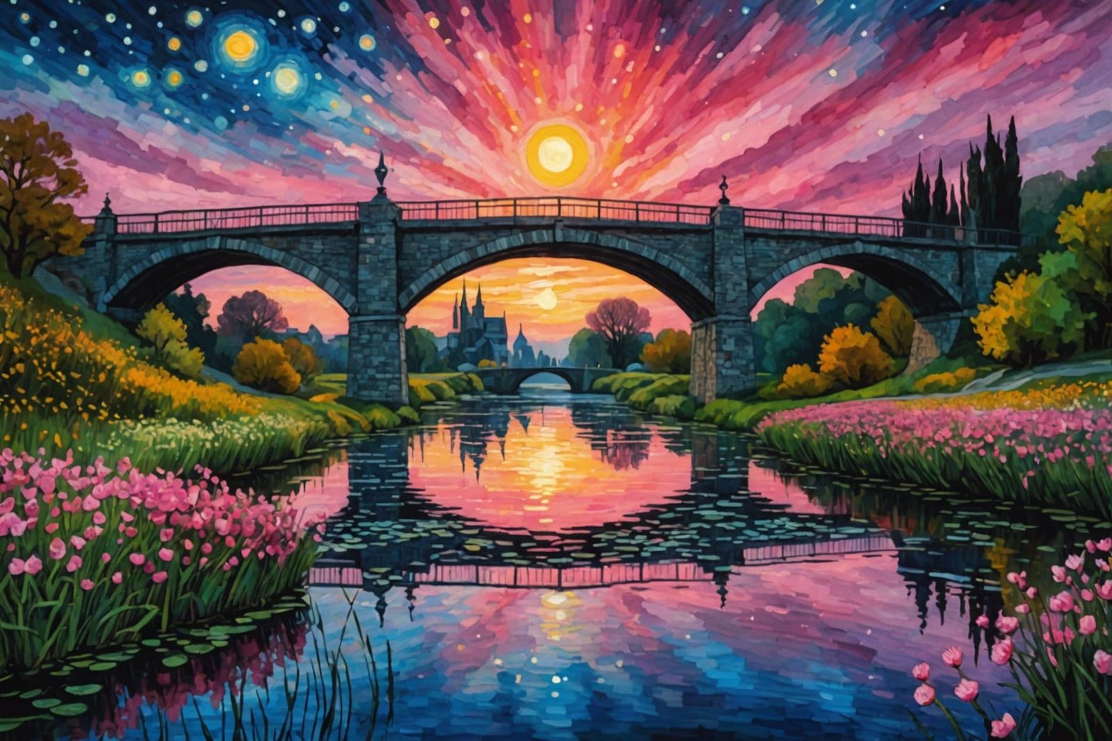 Gothic Bridge with Starry Night Sky in Watercolors