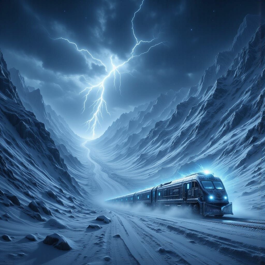 Futuristic Military Train in Snowy Valley at Night