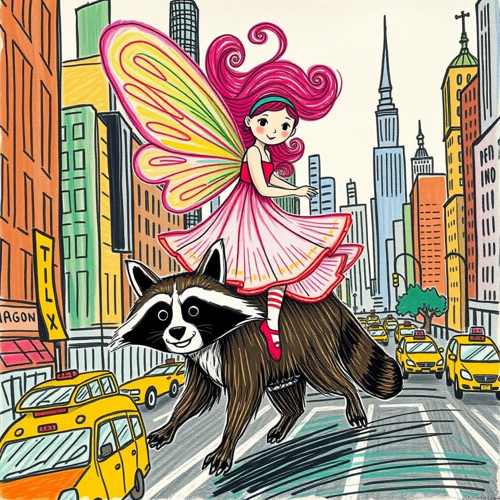 Fairy and Raccoon in Urban Crayon Drawing