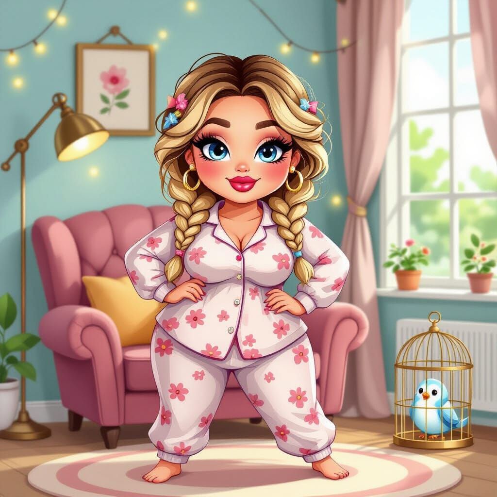 Cartoon Woman in Warrior Pose in Watercolor Style