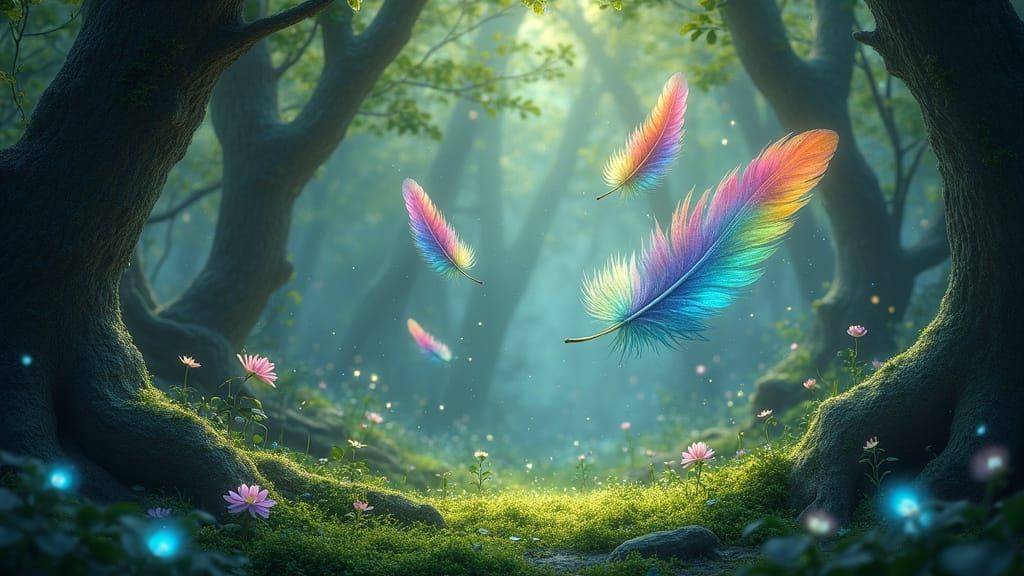 Whimsical Forest of Glowing Feathers and Fairies